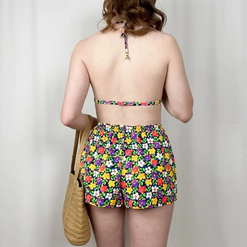 Vintage Floral Power Bikini Two Piece Triangle High Rise Shorts Cute Set 70s 80s - Picture 8 of 9